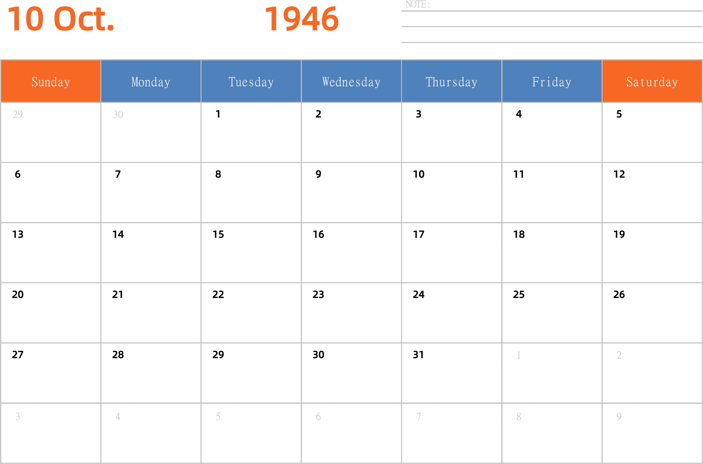 日历表1946年日历 英文版 横向排版 周日开始